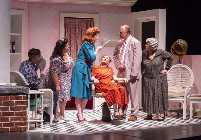 From left: Colton Crowe, Jill Parsons, Lisa Waldrop, Kathy Wilson, Michael Norton and Carol DeVelice rehearse a scene from Theatre Tuscaloosa's production of "Second Samuel," running May 18-27 in the Bean-Brown Theatre. [Photo/P. Solorzano]