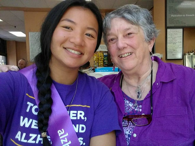 From left, Old Rochester Regional High School student Mia Quinlan and Barbara Meehan of Wareham, co-chair of the southeastern Mass. Walk to End Alzheimer's, at the State House.

[Courtesy Photo]