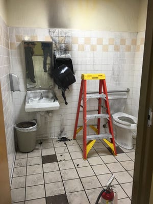 A fire in a bathroom at Rymfire Elementary School in Bunnell reportedly was started by a first-grader who set some paper towels on fire in an attempt to change the color of his mood ring, according to the Flagler County Sheriff's Office. [Photo provided/FCSO] 

system.