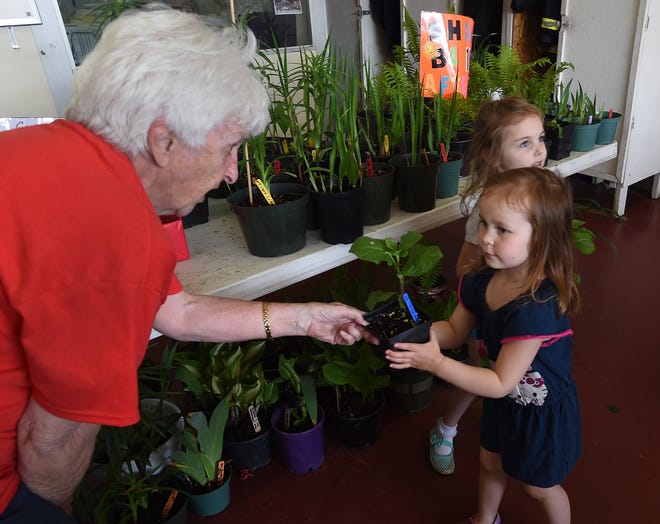 Marion Armstrong, 80, of the Lawrence Park Garden Club, gives free plants to Josie Nolan, 3, center, of Lawrence Park and Andrea Crotty, 4, of Harbor Creek Township on May 17 during the Lawrence Park Garden Club plant and flower sale at the Lawrence Park Fire Hall. The sale continues Friday and Saturday. [JACK HANRAHAN/ERIE TIMES-NEWS]