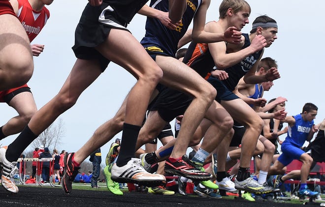 Runners compete in the boys 3,200 event during the Fairview Invitational April 21 at Fairview's Keck Field at Bestwick Stadium. The District 10 championships are scheduled for Saturday at Slippery Rock University. [JACK HANRAHAN/ERIE TIMES-NEWS]