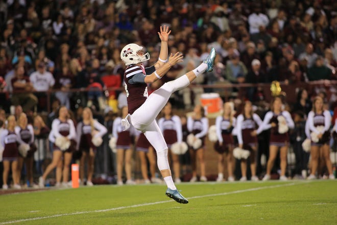 Mississippi State's Logan Cooke (43) punts the ball during a game against Ole Miss on Nov. 28, 2015 at Davis Wade Stadium in Starkville, Miss. Cooke was a seventh-round draft pick by the Jaguars. [Photo by Bobby McDuffie/Icon Sportswire]