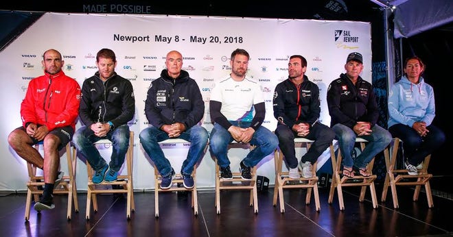 The seven skippers of the Volvo Ocean Race, at a press conference on Newport on Friday, from left are: Xabi Fernandez, Charles Caudrelier, Bouwe Bekking, Simeon Tienpont, Charlie Enright, David Witt and Dee Caffari.