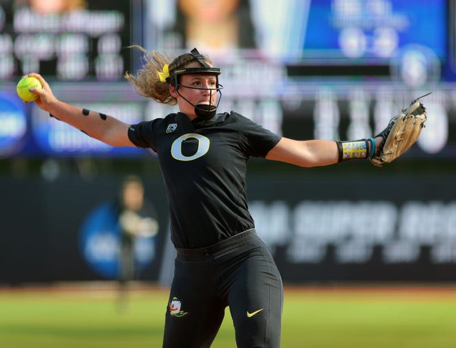 Oregon's Megan Kleist came within an out of a perfect game, settling for a one-hit shutout during Oregon's 5-0 victory over Drake in the NCAA Eugene Regional on Friday. [Brian Davies/The Register-Guard]