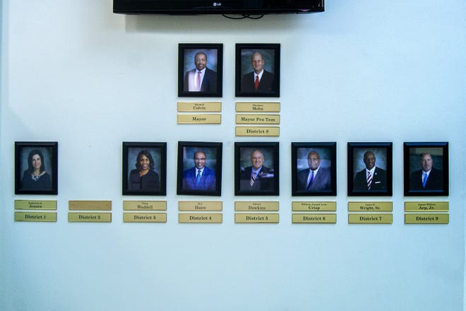 Portraits of the members of the Fayetteville City Council on Monday, May 7, 2018, at Fayetteville City Hall. The District 2 space is empty due to the recent resignation of Councilman Tyrone Williams. [Paul Woolverton/The Fayetteville Observer]