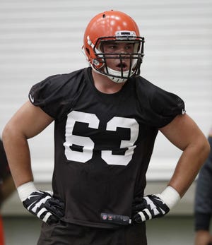 Cleveland Browns offensive lineman Austin Corbett during rookie minicamp at the NFL football team's training camp facility, Friday, May 4, 2018, in Berea, Ohio. (AP Photo/Tony Dejak)