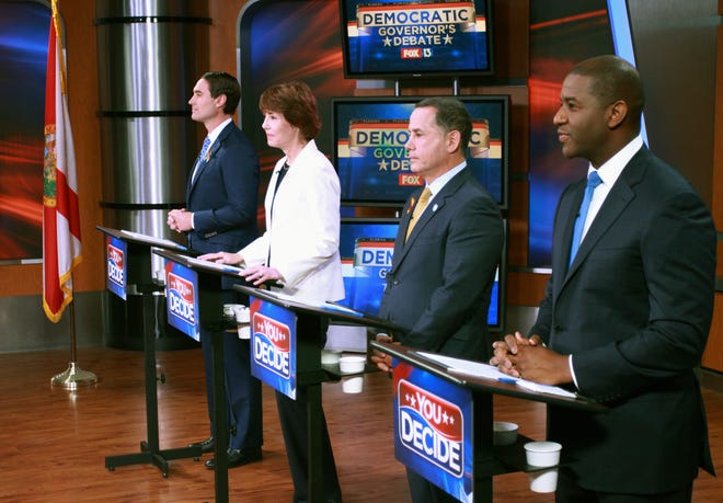 From right, Andrew Gillum, Philip Levine, Gwen Graham and Chris King listen to the moderator during the first gubernatorial debate in the Democratic primary on April 18 in Tampa. [AP/WTVT Fox 13]