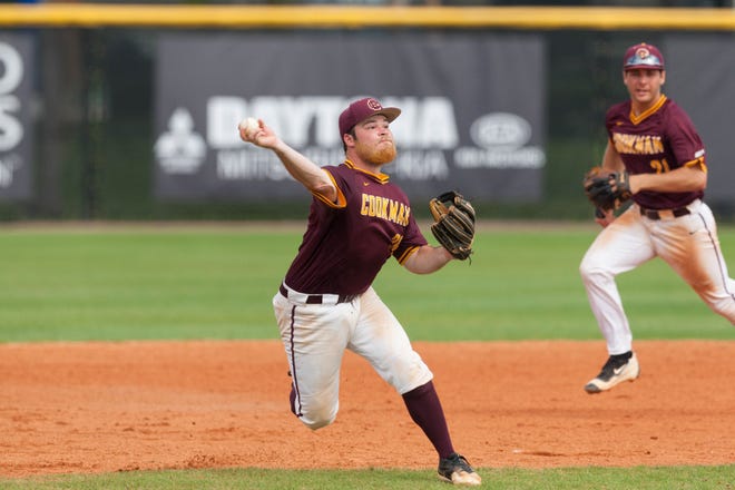 B-CU's Jordan Stacy throws to first base against FAMU on Saturday in Daytona Beach. [MEAC]
