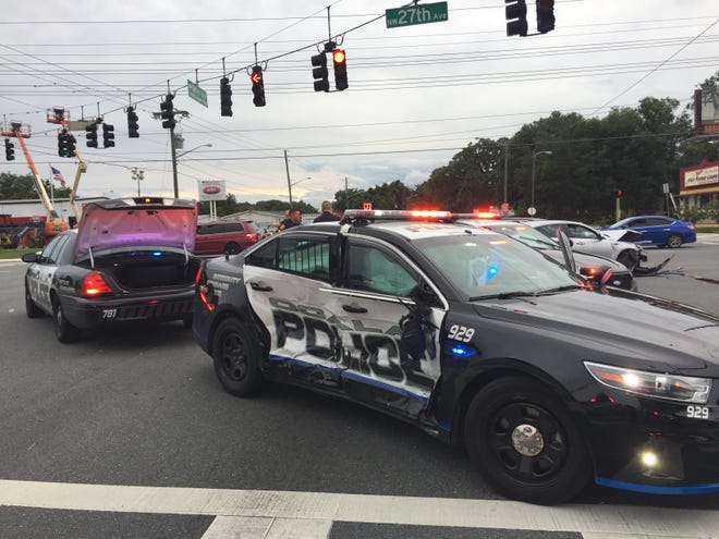 An Ocala Police Department cruiser was T-boned at the intersection of NW 27th Avenue and 10th Street on Saturday in Ocala. [Austin L. Miller/Staff]