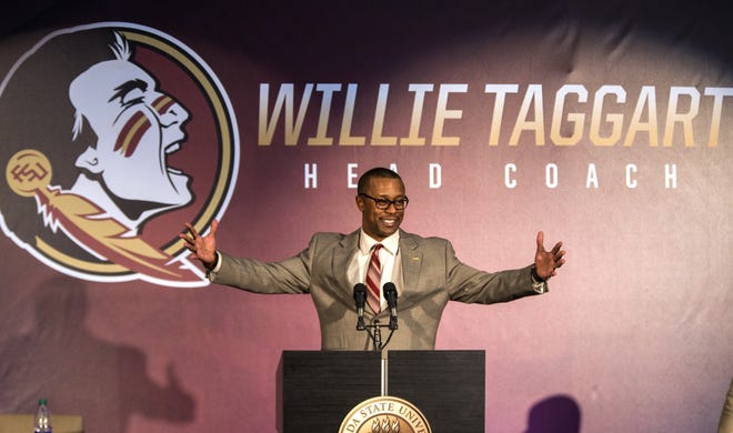 Willie Taggart gestures as he is introduced as Florida State's new football coach during a news conference in Tallahassee on Dec. 6, 2017. Taggart will be the guest speaker at the Best of HT Preps banquet on Monday. [AP File Photo / Mark Wallheiser]