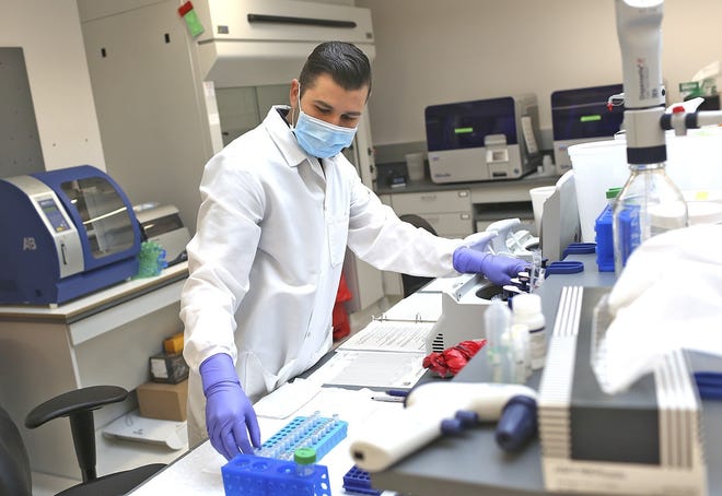 Forensic scientist Jonathan Lucyshyn prepares samples for DNA extraction at the Columbus Forensic Services Center. [Brooke LaValley/Dispatch]