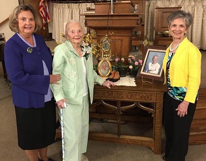 Grace Wilkinson, center, is shown with her daughters, Sallie Johnson, left, and Linda Wilkinson, on Mother's Day 2017 at First Baptist Church in New Bethlehem, where a special service recongized her contributions. The trio spent this Mother's Day at a tea at the Watson-Curtze Mansion in Erie. [CONTRIBUTED PHOTO]