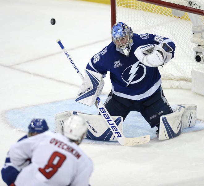 Tampa Bay Lightning goaltender Andrei Vasilevskiy (88) blocks a shot from Washington Capitals left wing Alex Ovechkin (8) during the third period of Game 5 of the NHL Eastern Conference finals Saturday in Tampa. [The Associated Press / Jason Behnken]