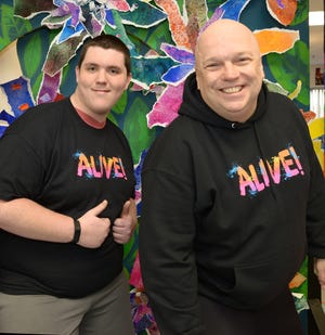 Billerica resident and Express Yourself performer John Vincent, left, poses with special guest artist, Broadway dancer Jeff Shade, during dress rehearsals in Beverly for Express Yourself’s upcoming annual show, “ALIVE.” [Courtesy Photo]