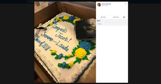 Screen shot of Facebook post by Cara Koscinski showing the cake she ordered for her son's graduation. [Facebook]
