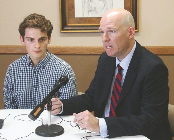 GATEHOUSE MEDIA ILLINOIS

West Prairie High School graduate Sam Blackledge, left, and legal representative Jeremy Dys conduct a news conference Monday in Colchester. They said officials in the West Prairie district prevented Blackledge from referencing his religious faith in a valedictory address he was to give Saturday during graduation ceremonies.