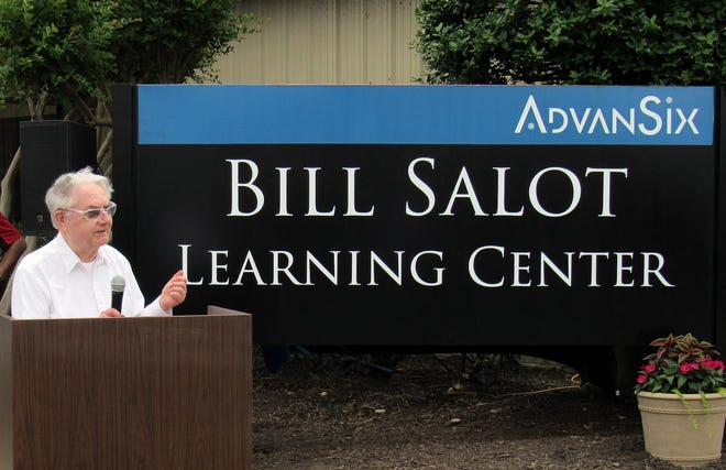 Senior Reliability Engineer Bill Salot says a few words during the unveiling ceremony for the Bill Salot Learning Center at AdvanSix in Hopewell on May 22, 2018. Salot has worked with AdvanSix for 65 years. [Kate Gibson/progress-index.com]