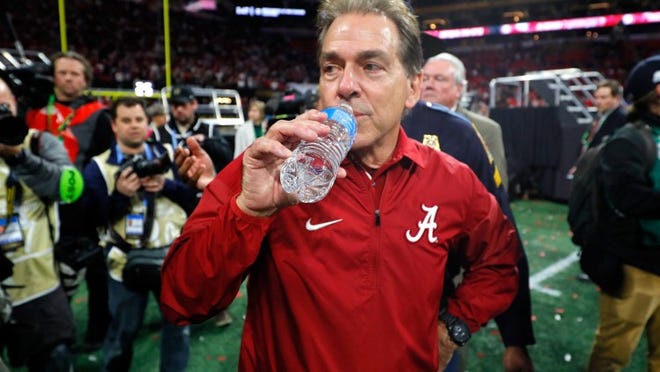Head coach Nick Saban of the Alabama Crimson Tide celebrates beating the Georgia Bulldogs in overtime to win the CFP National Championship presented by AT&T at Mercedes-Benz Stadium on January 8, 2018 in Atlanta, Georgia. Alabama won 26-23. (Photo by Kevin C. Cox/Getty Images)