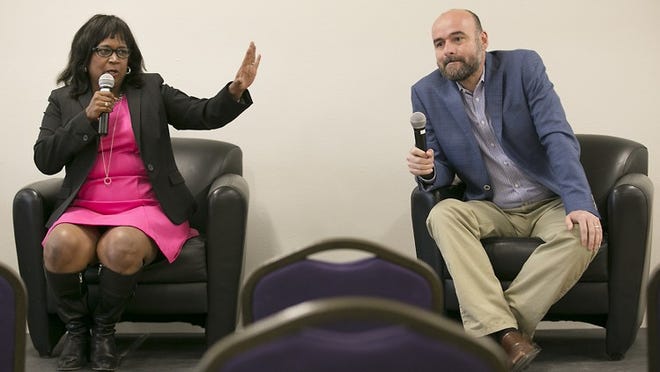 Democratic candidates for Texas House District 46 Sheryl Cole, left, and Chito Vela, right, participate in a public forum at the Austin Community College Highland campus on May 9. RALPH BARRERA / AMERICAN-STATESMAN