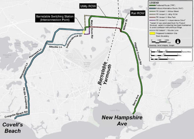 Vineyard Wind seeks to land a transmission line connecting its proposed offshore wind farm to the regional electrical grid. The company's preferred route (right) is Lewis Bay at New Hampshire Avenue in Yarmouth. The alternative route (left) is the Covell's Beach parking lot in Barnstable. (Courtesy image)