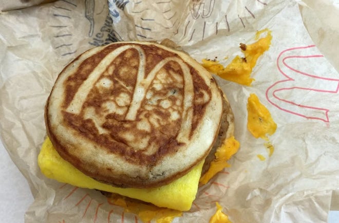 A McDonald's McGriddle sandwich. The fast-food chain is testing breakfast catering in the Orlando, Fla., area. [File photo]