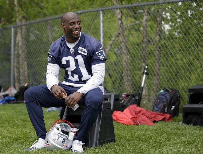 New England Patriots defensive back Duron Harmon takes a break at the conclusion of NFL football organized team activities practice at the team's training camp, in Foxborough, Mass., Tuesday, May 22, 2018. (AP Photo/Steven Senne)