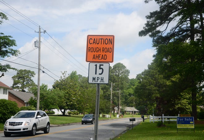 A caution sign warns drivers along Hardee Road on Wednesday. The city will hire a contractor to mill approximately 800 feet of Hardee Road. [Janet S. Carter / The Free Press]