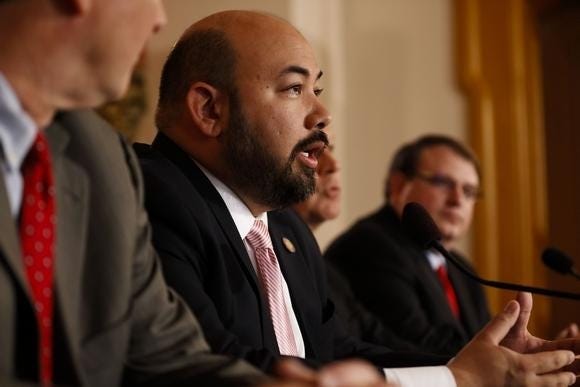 Former Ohio House Speaker Cliff Rosenberger makes a point during a press conference in 2017. (Joshua A. Bickel / The Columbus Dispatch)