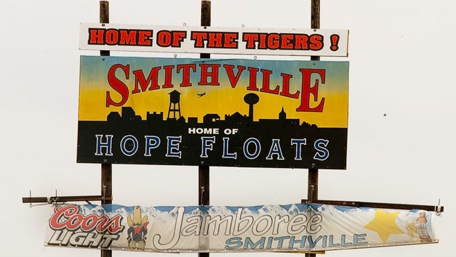 A bill board welcoming visitor's to Smithville reminds everyone about the movie Hope Floats, which was filmed there. 4/8/13 Nell Caroll/American-Statesman