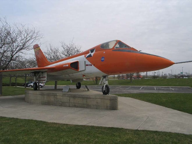 The F5D Skylancer experimental plane, flown by Neil Armstrong as a test pilot, when on display in the parking lot of the Armstrong Air and Space Museum in Wapakoneta before the aircraft's recent restoration. [Steve Stephens/Dispatch file photo]