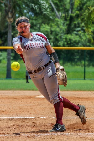 Niceville High School pitcher Mikhala Hampton threw her team to a victory over Viera High School during the 7A state semifinal Wednesday, May 23 at Dodgertown in Vero Beach. [MITCH KLOORFAIN/CONTRIBUTED PHOTO]