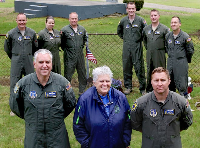 Hampton Academy teacher Sheila Nudd is working with members of the 157th New Hampshire Air National Guard Refueling Group to get a street named after Desiree Loy, her former student and U.S. Air National Guard boom operator who died aboard a KC-135A that crashed in 1985. Nudd stands between Master Sgt. Glen Starkweather, left, and Staff Sgt. Daren Hayes. Back row from left, Tech Sgt. Brett Peterson, Staff Sgt. Diana Carr, Senior Master Sgt. James Doyle, Tech Sgt. Sean Avery, Staff Sgt. Matt Pongrace, and Staff Sgt. Jason Barron.

[Ioanna Raptis/Seacoastonline]