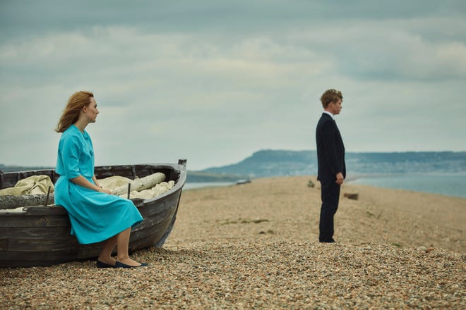 This image shows Saoirse Ronan, left, and Billy Howle in a scene from "On Chesil Beach." [Bleecker Street]