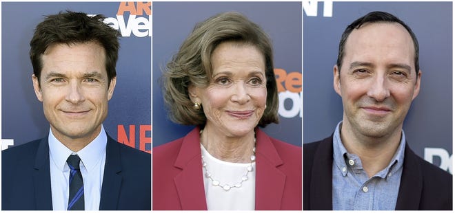 This combination photo shows, from left, Jason Bateman, Jessica Walter and Tony Hale at the "Arrested Development" season five premiere in Los Angeles on May 17, 2018. Bateman and Hale are apologizing for comments they made in defense of their þÄúArrested DevelopmentþÄù co-star Jeffrey Tambor, who was accused by Walter of verbally harassing her on set of "Arrested Development." (Photo by Richard Shotwell/Invision/AP)