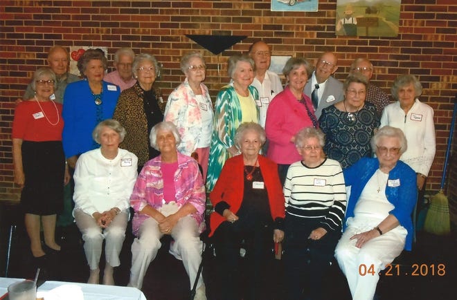Pictured in the front row, from left: Delores Dellinger Poovey, Mildred Frady Richardson, Ramona Pennell Barefoot, Dot Kimray Gattis, and Joyce Cassada Bryant; second row: Alice Page Thompson, Nelda Smith Wilson, Bobbie Brandon Mason, Louise Smith Rhyne, Rachel Bumgardner Chaney, Joan Helton Miller, Jean Whisonant Gaston; Marie St. Clair Huffstetler; third row: Robert Lippard, Brown Lloyd, Ted Sellers, Joe Messer and Bill Hollar; Not pictured: Charles Wyke and Ruby Harwell Agnew. [SUBMITTED PHOTO]