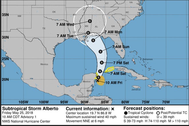The National Hurricane Center published this map showing the forecast track of Subtropical Storm Alberto. [NHC]