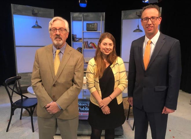 From left to right, G. Wayne Miller, Sofie Karasek and Jim Ludes on the set of Story in the Public Square. [The Pell Center/Erin Demers]