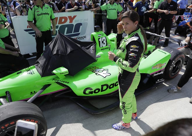 Danica Patrick waits to qualify for the IndyCar Indianapolis 500 auto race at Indianapolis Motor Speedway Sunday. [Darron Cummings/Associated Press}