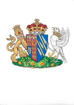 This generated image made available Friday, May 25, 2018 by Kensington Palace shows the newly created coat of arms of Meghan Duchess of Sussex. Mehgan Markle and Prince Harry married on Saturday, May 19, and are now known as The Duke and Duchess of Sussex. (Kensington Palace/PA via AP)