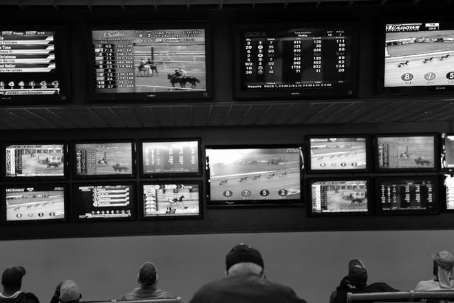 Horse races are televised on an array of screens at Monmouth Park Racetrack in Oceanport, New Jersey. The U.S. Supreme Court has cleared the way for states to legalize sports betting. (File photo)