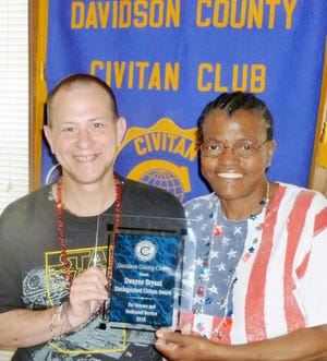 Dwayne Bryant (left) was presented the 2018 Distinguished Civitan Award by the Davidson County Civitan Club. Making the presentation was President Teresa Shaw. [Photo by Gary Arnold for The Dispatch]