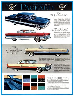 1956 Packard advertisement featuring the last of the true "Packard built" Packards. In 1957, the Studebaker-Packard merger started to go sour, and Packard was nothing more than a Studebaker with Packard badges. [Studebaker-Packard Company]
