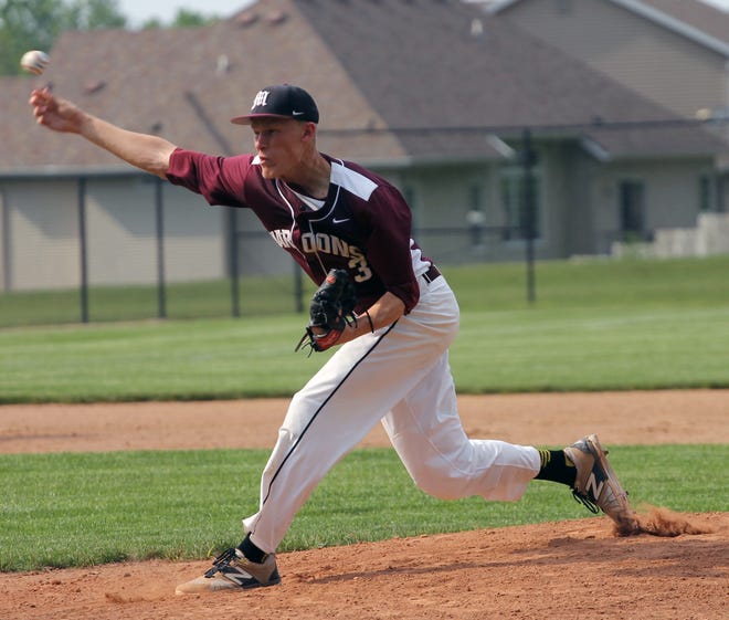 Holland Christian junior Chris Mokma allowed three runs on four hits with two walks and five strikeouts in a 4-3 district quarterfinal win over Zeeland East on Tuesday at Unity Christian. [Chris Zadorozny/Sentinel staff
