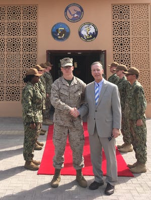 Lcpl. Alec Michael Thompson of Kingston with Congressman Stephen Lynch in Bahrain on May 26, 2018. Thompson is serving withe the Anti-Terrorism Security Team Company, Central Command in support of the U.S. Fifth Fleet. Lynch is part of a congressional delegation visiting the Middle East.