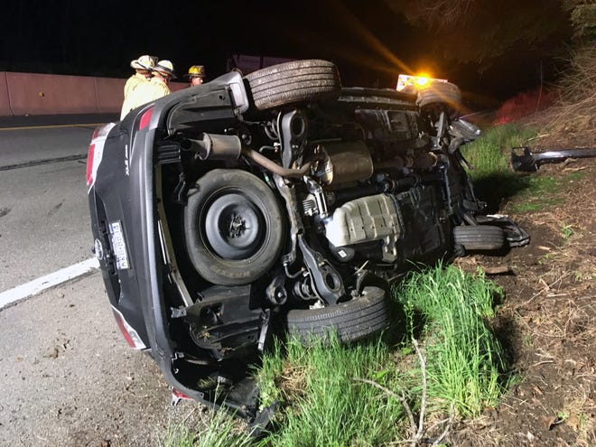 A male driver was taken to the hospital after this one-vehicle crash Tuesday night on four-lane Route 209, south of Shafer Schoolhouse Road, in Hamilton Township. [ANDREW SCOTT/POCONO RECORD]