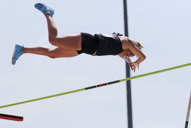 Ashley Craig, clearing the bar during the pole vault, placed fifth in the nation in the women’s pole vault at the NCAA Division III national championship meet to earn All-America honors. [Courtesy photo]