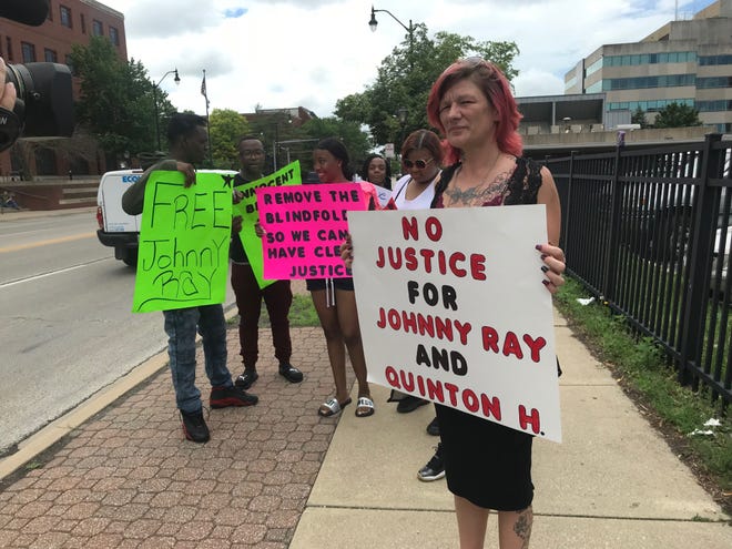 Rochelle Marie Priester, the fiancee of Johnny Ray Priester, the longest-serving inmate in Sangamon County Jail history, stands outside of the county building on Wednesday, May 30, 2018. [Crystal Thomas/SJ-R]
