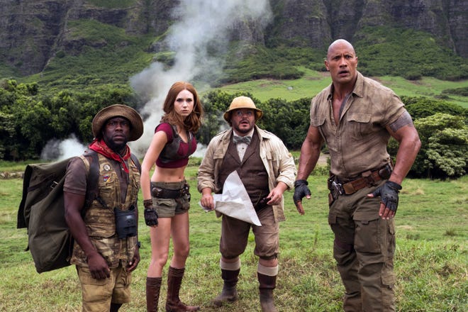 Kevin Hart, left, Karen Gillan, Jack Black and Dwayne Johnson star in "Jumanji: Welcome ot the Jungle." [SONY PICTURES]