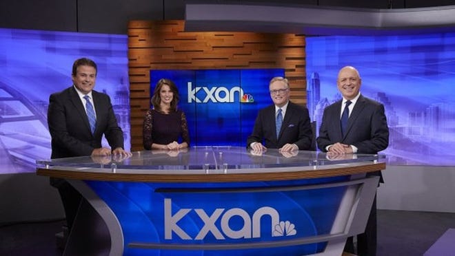 KXAN’s evening anchor team includes sports director Roger Wallace, left, news anchors Sydney Benter and Robert Hadlock and chief forecaster Jim Spencer.