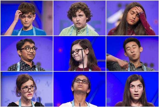 In this combination of photos, students compete in the Scripps National Spelling Bee in Oxon Hill, Md., on May 29-30. The contestants are, top row, from left: Isaac Phillips, from Ponchatoula, La., Brody Dicks, from Park City, Utah, and Natalia Lutz, from Huntington Station, N.Y.; middle row, from left: Shiva Yeshlur, from Rock Springs, Wyo., Sophia Clark, from White Marsh, Md., and Nicholas Lee, from Rancho Cucamonga, Calif.; bottom row, from left: Eleanor Tallman, Shria Halkoda, from Wadsworth, Ill., and Isabel Messina, from Annapolis, Md. [AP Photo/Cliff Owen]